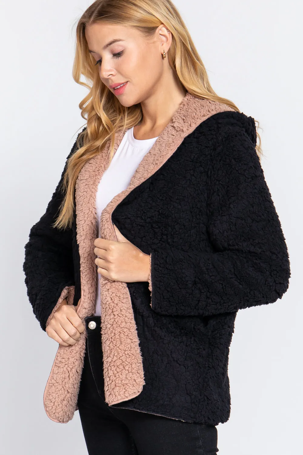 Reversible Open Front Hooded Faux Fur Jacket