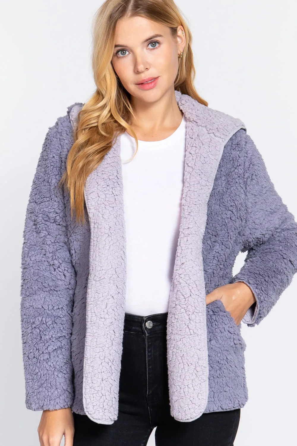 Reversible Open Front Hooded Faux Fur Jacket