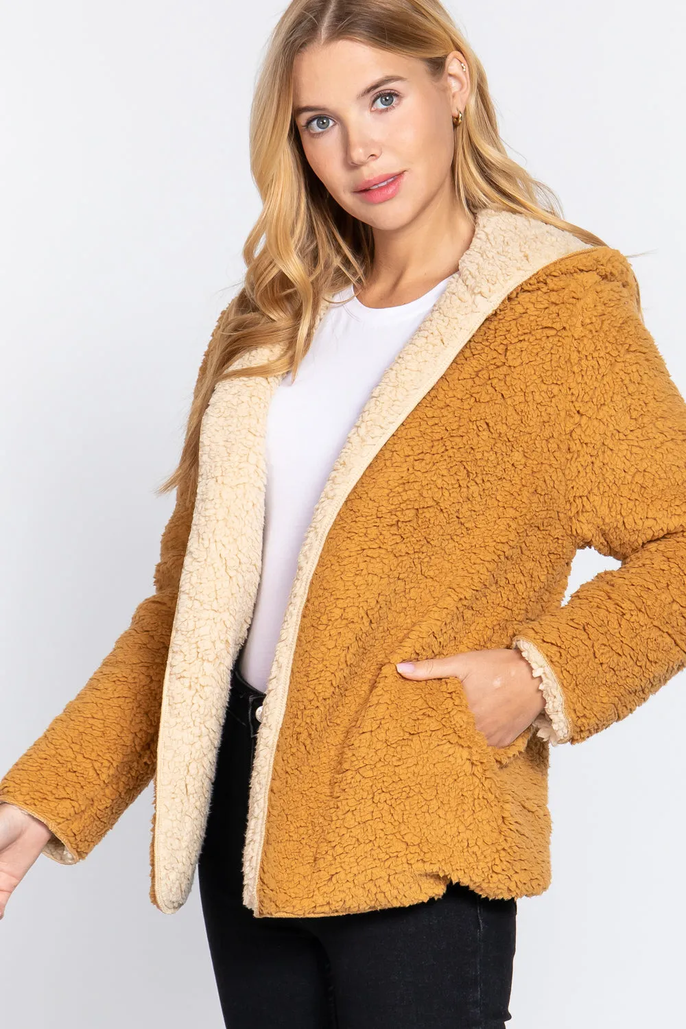 Reversible Open Front Hooded Faux Fur Jacket