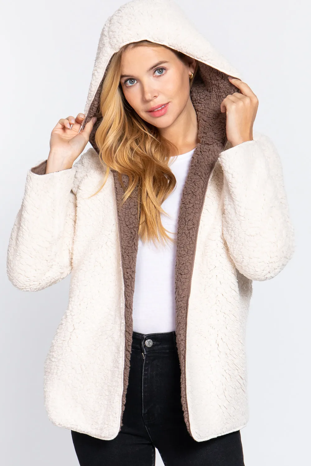 Reversible Open Front Hooded Faux Fur Jacket