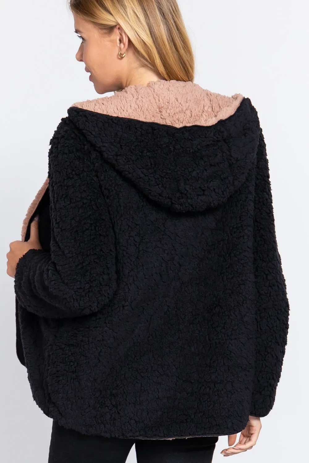 Reversible Open Front Hooded Faux Fur Jacket