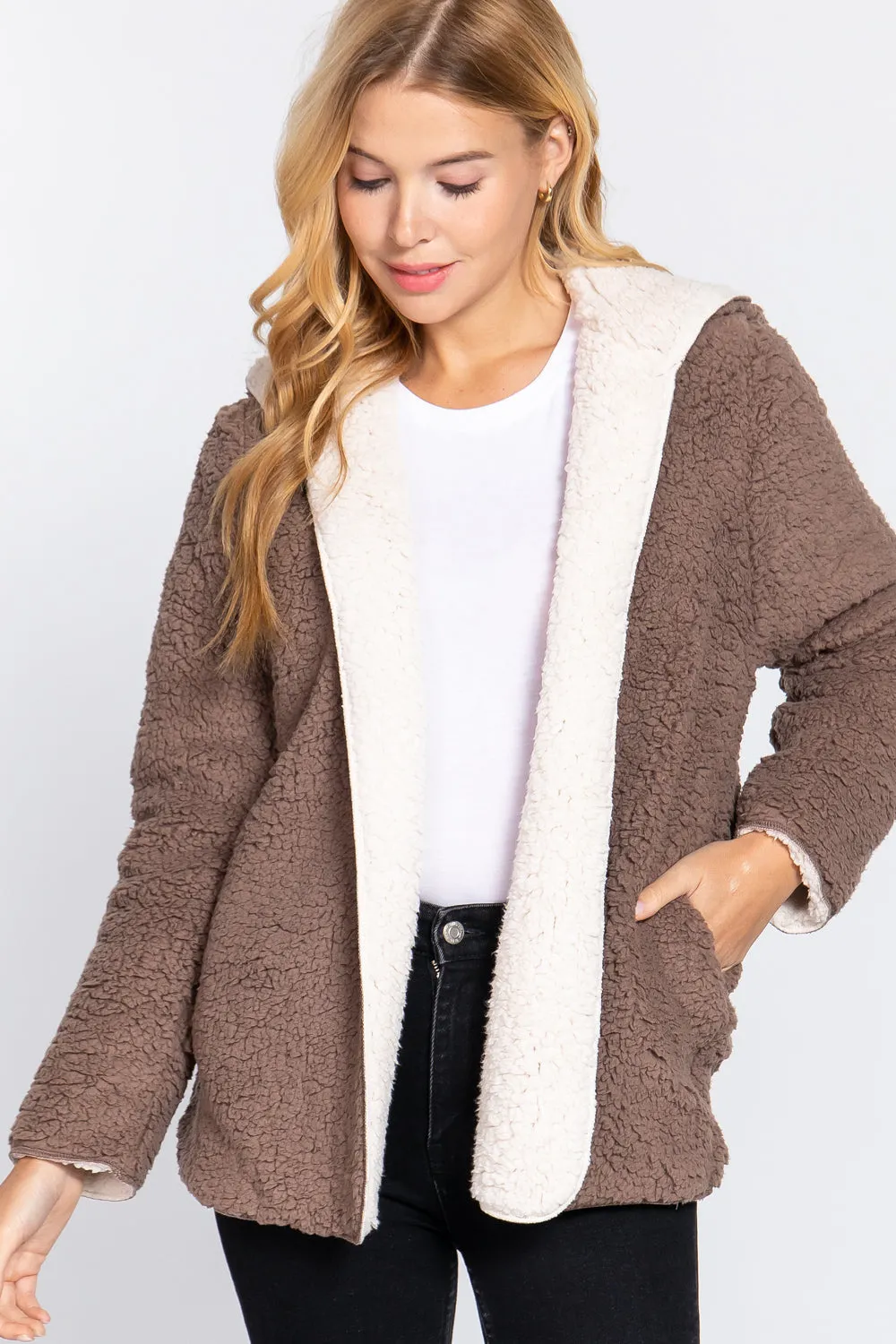 Reversible Open Front Hooded Faux Fur Jacket