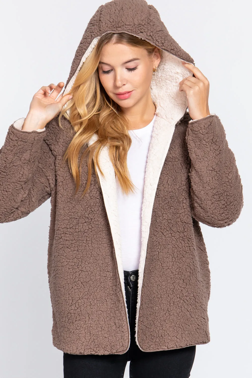Reversible Open Front Hooded Faux Fur Jacket
