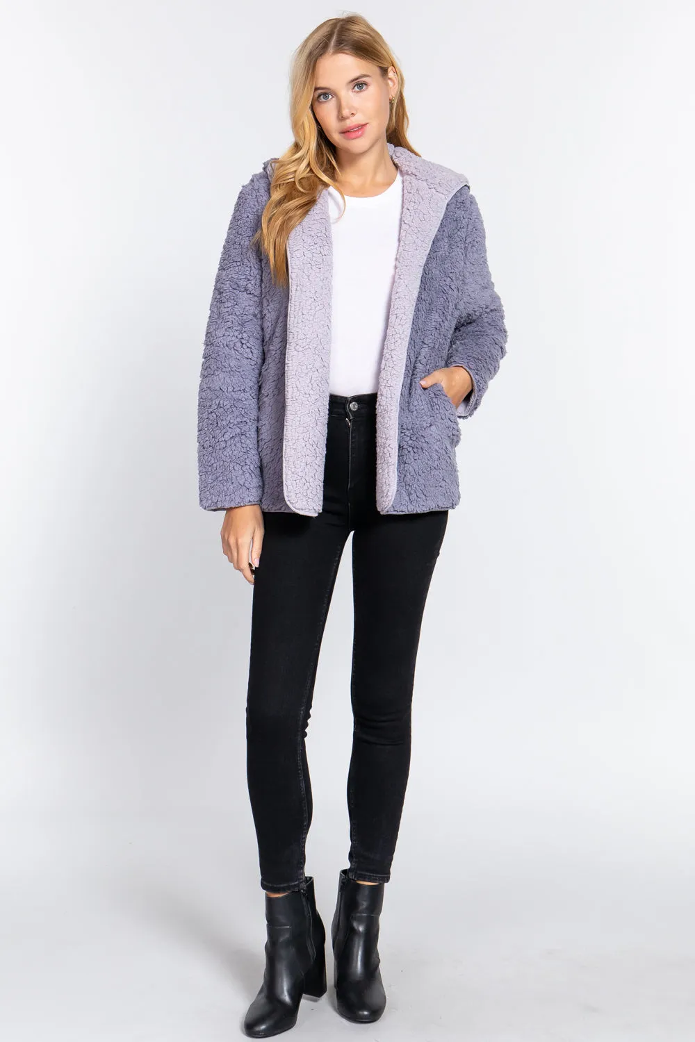 Reversible Open Front Hooded Faux Fur Jacket
