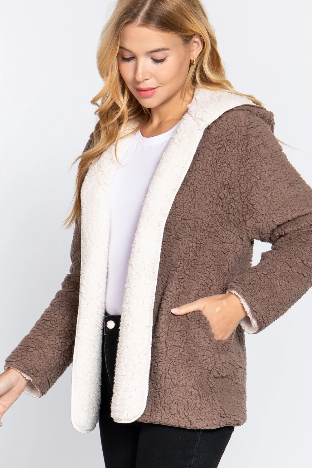Reversible Open Front Hooded Faux Fur Jacket