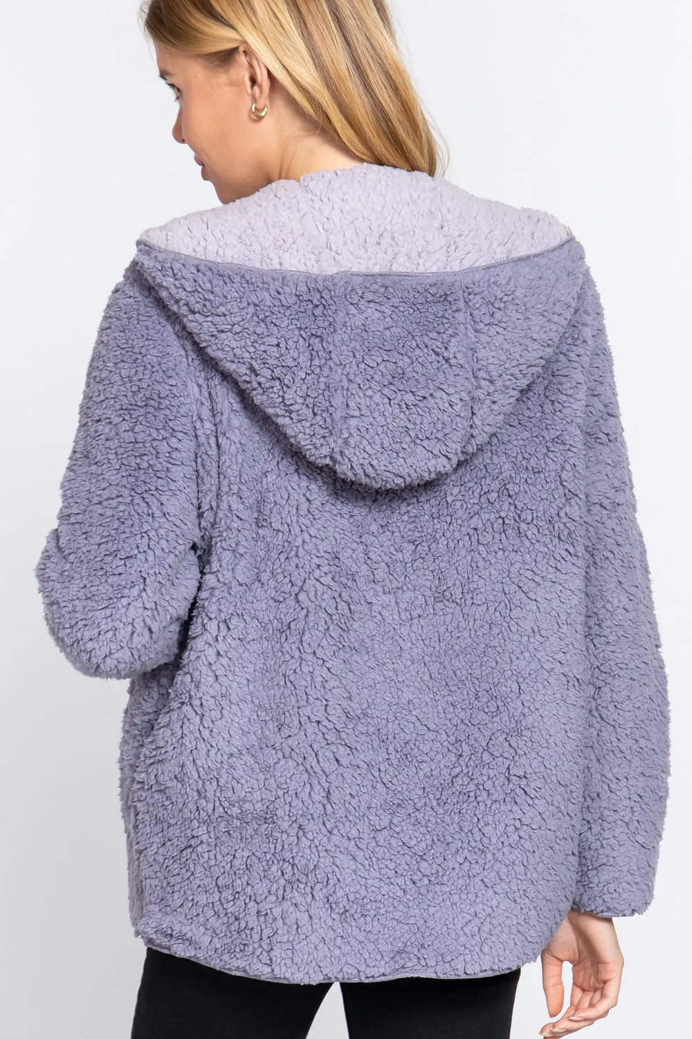 Reversible Open Front Hooded Faux Fur Jacket