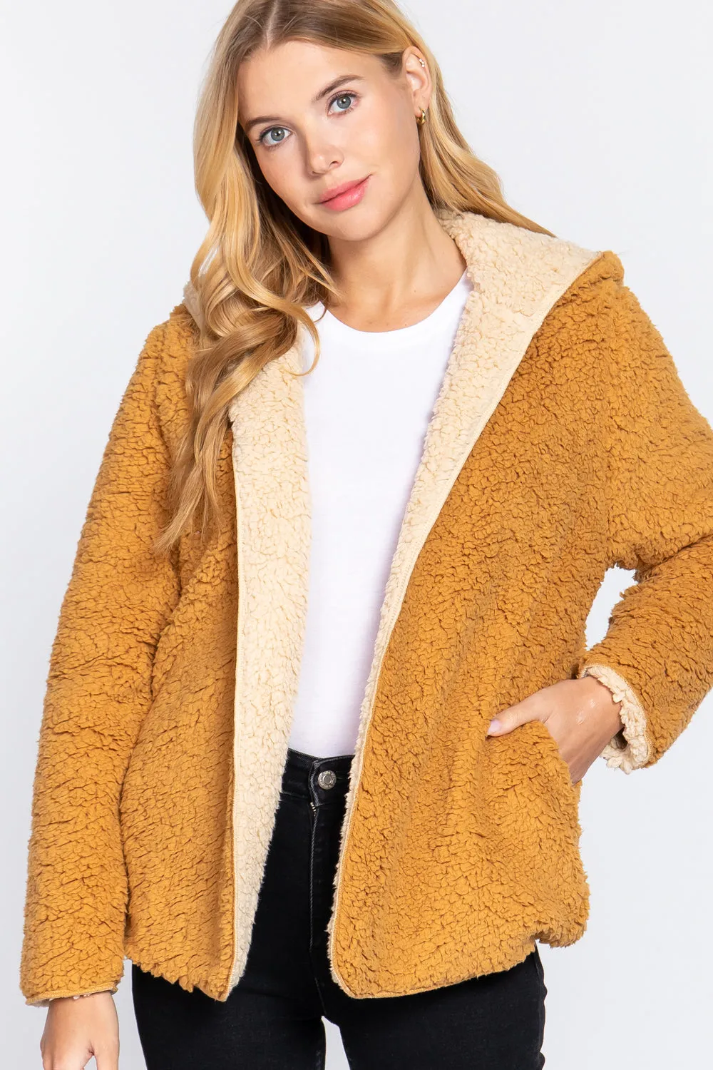 Reversible Open Front Hooded Faux Fur Jacket