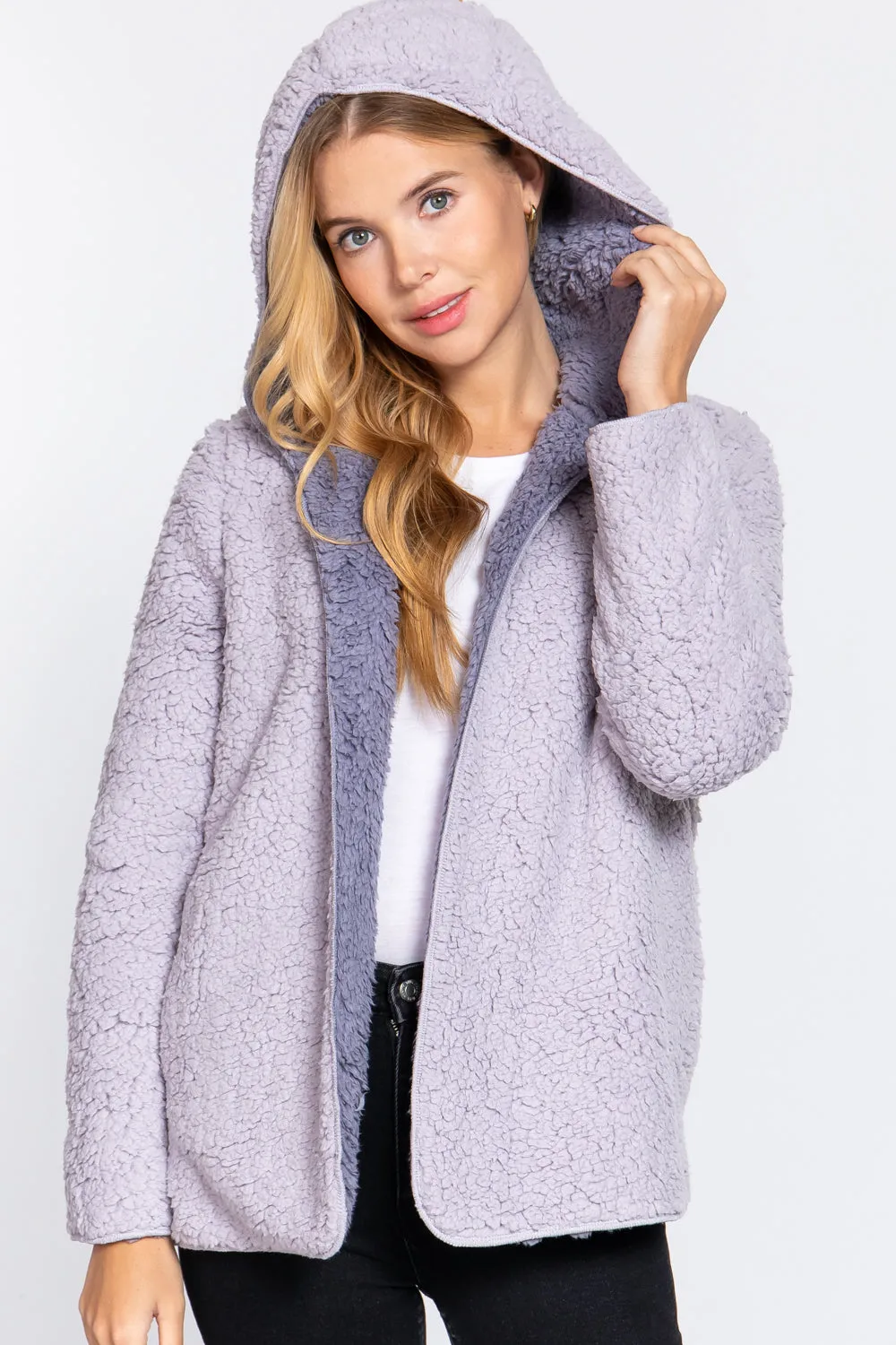 Reversible Open Front Hooded Faux Fur Jacket