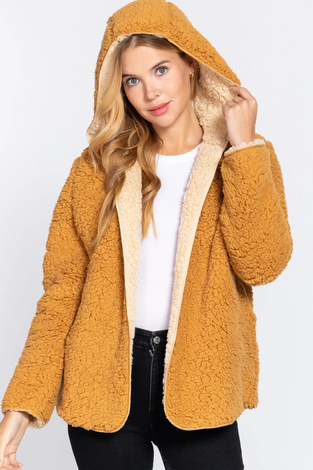 Reversible Open Front Hooded Faux Fur Jacket