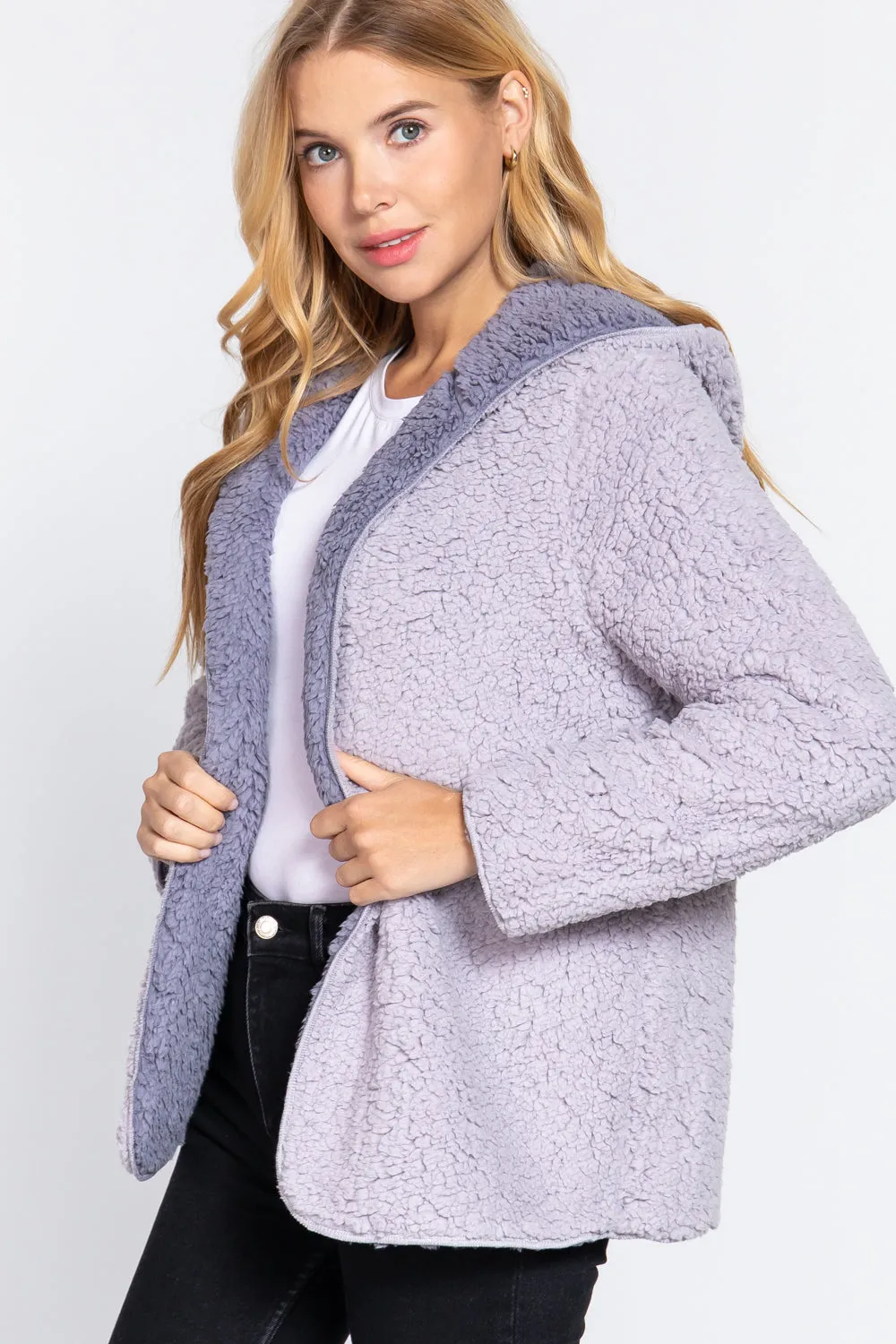 Reversible Open Front Hooded Faux Fur Jacket