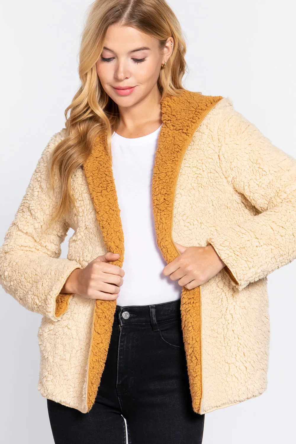 Reversible Open Front Hooded Faux Fur Jacket