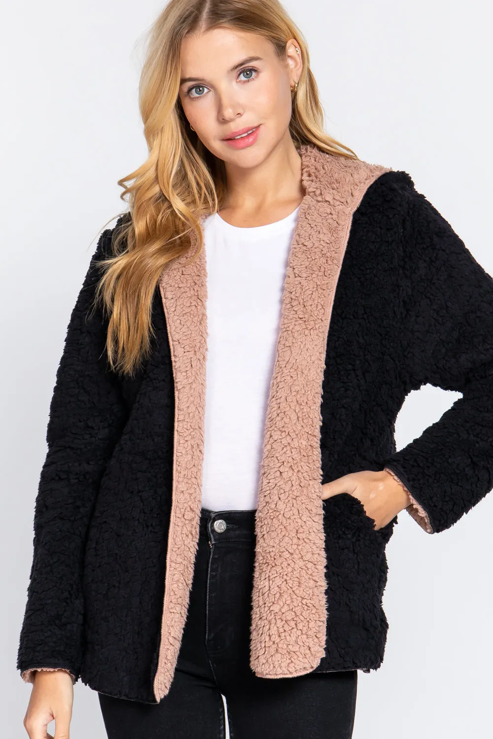 Reversible Open Front Hooded Faux Fur Jacket