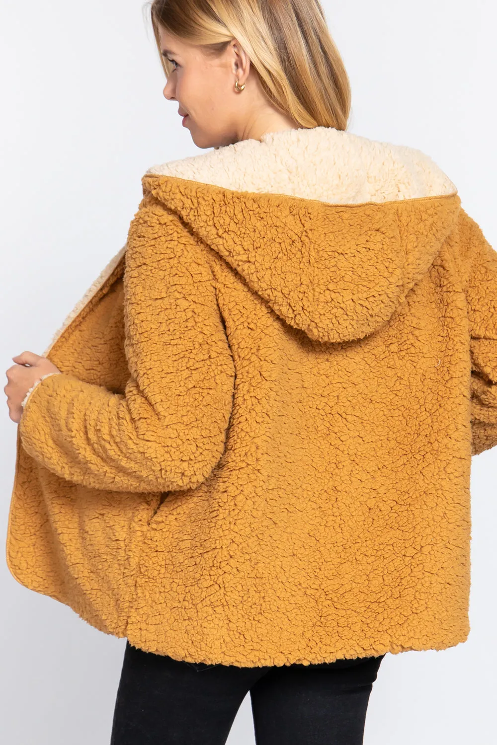 Reversible Open Front Hooded Faux Fur Jacket