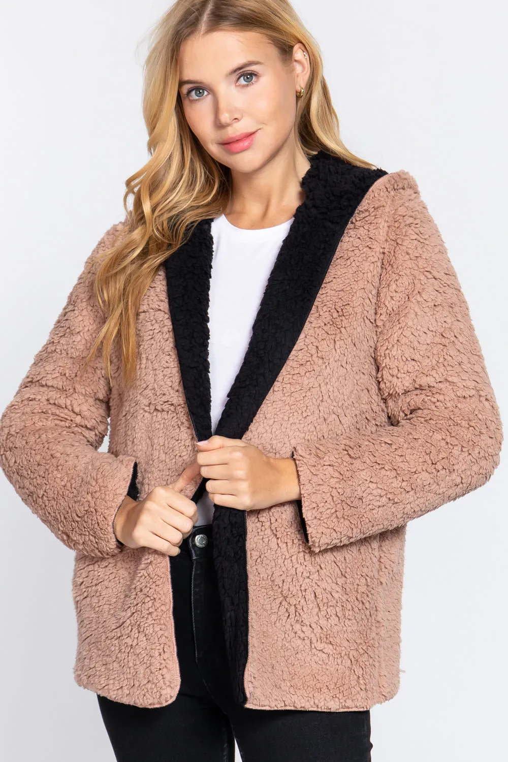 Reversible Open Front Hooded Faux Fur Jacket