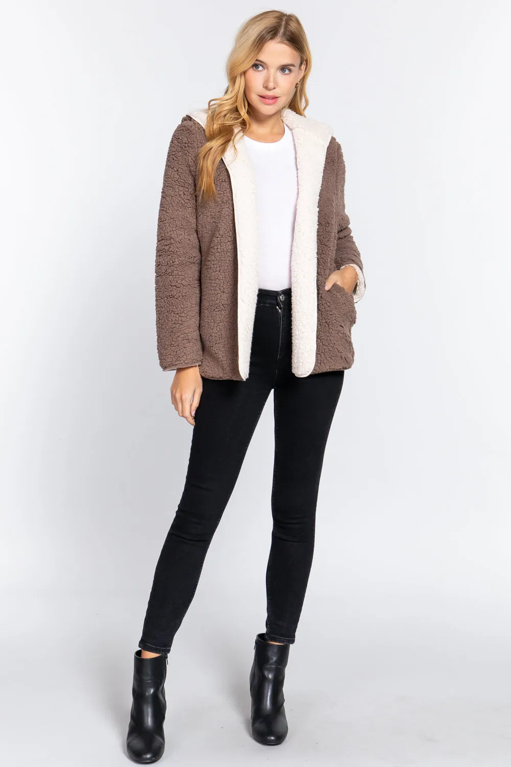 Reversible Open Front Hooded Faux Fur Jacket