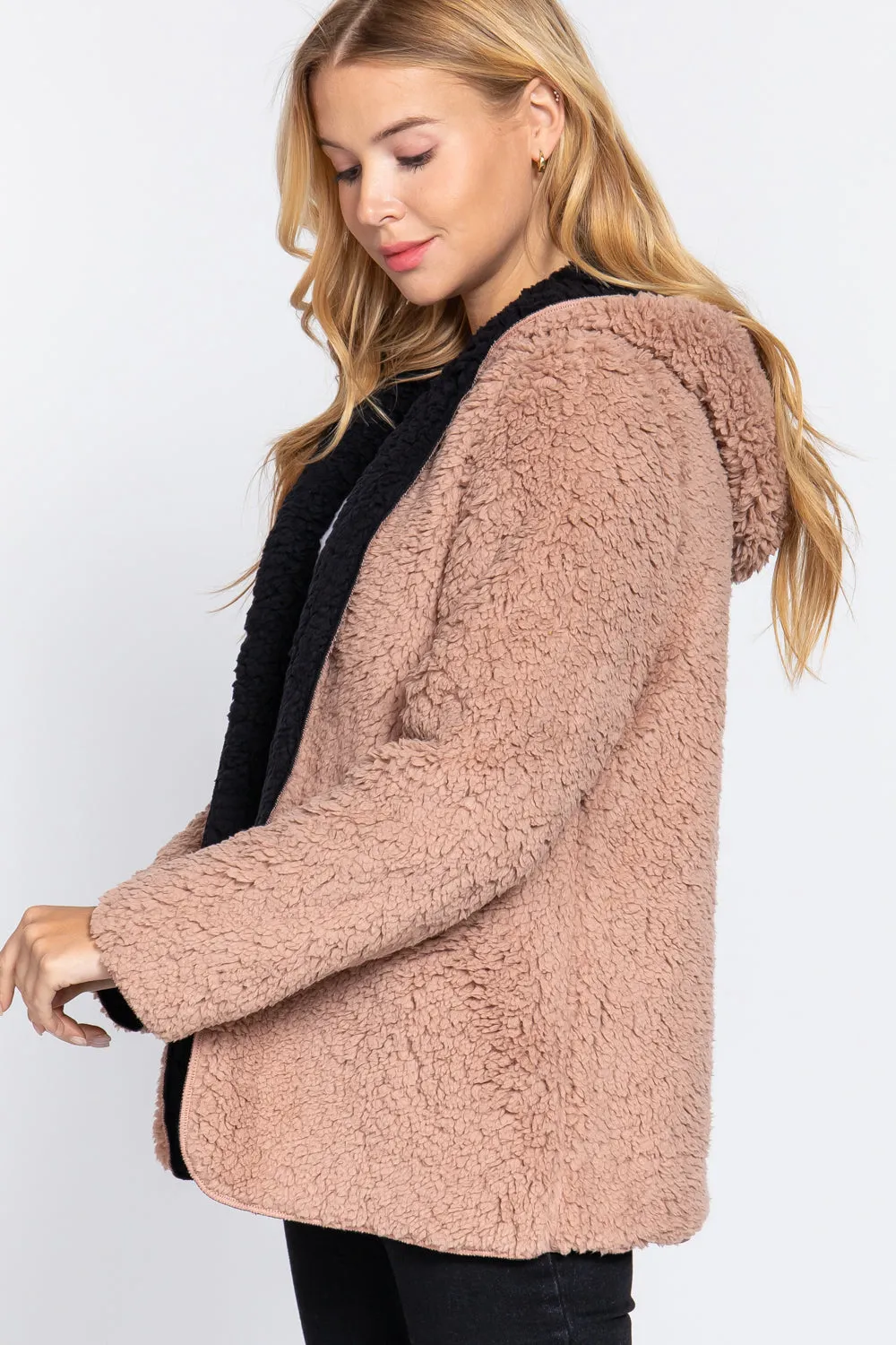 Reversible Open Front Hooded Faux Fur Jacket