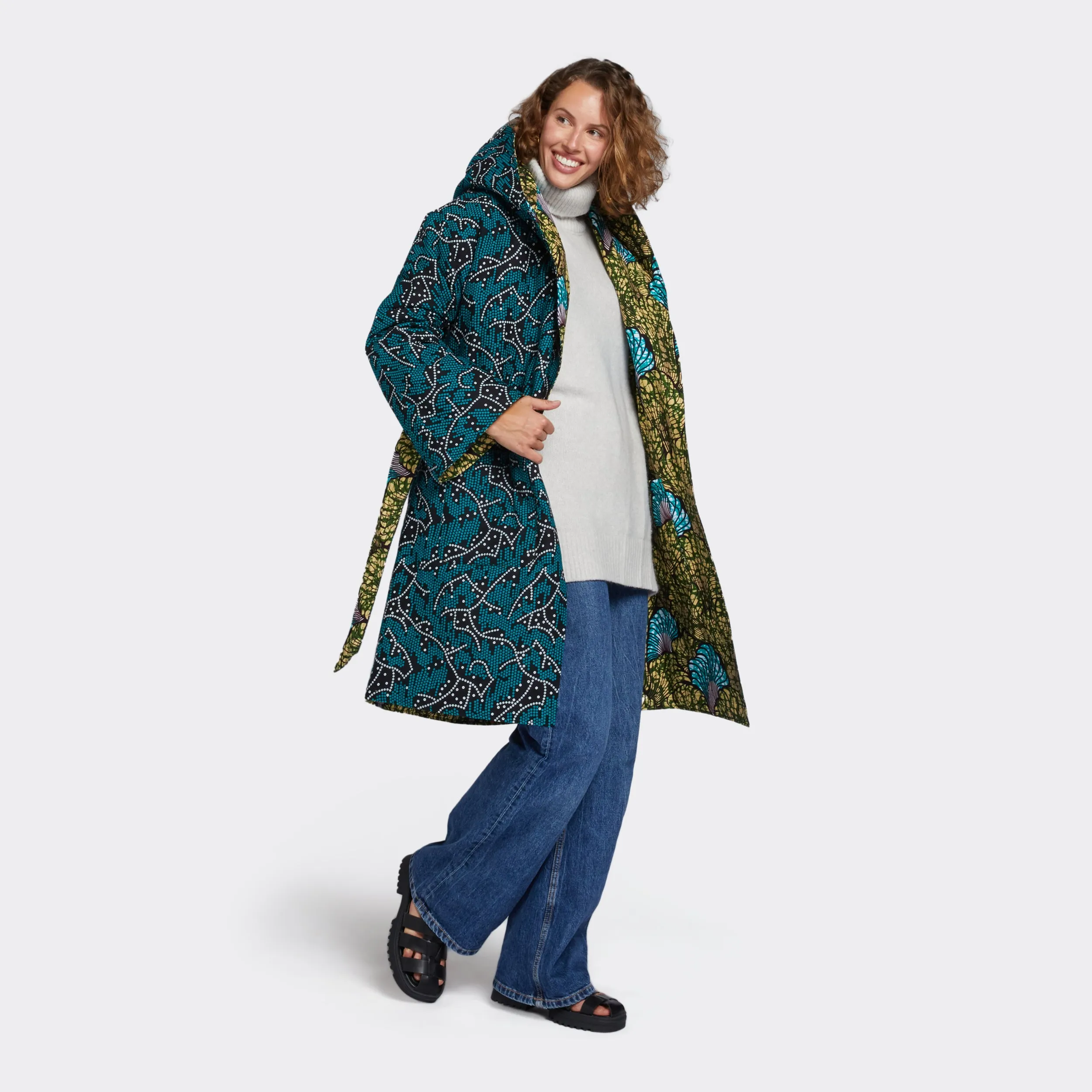 Reversible Padded Nightie Coat in Wax Cyber Blue