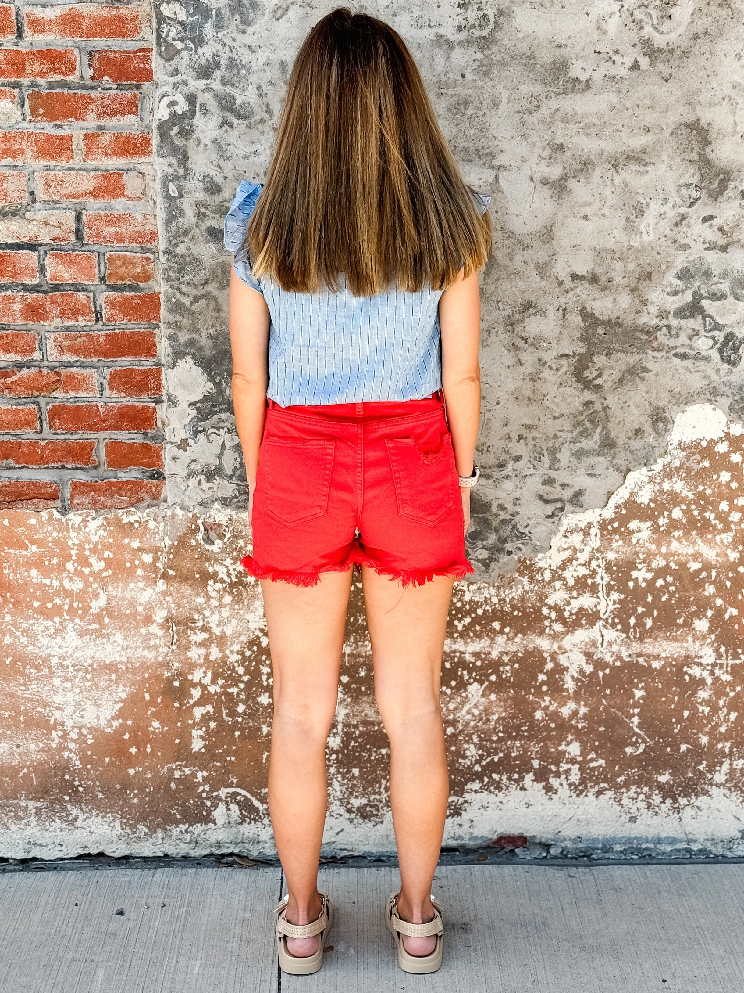 Risen High Rise Distressed Shorts |Red|