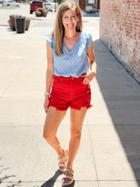 Risen High Rise Distressed Shorts |Red|