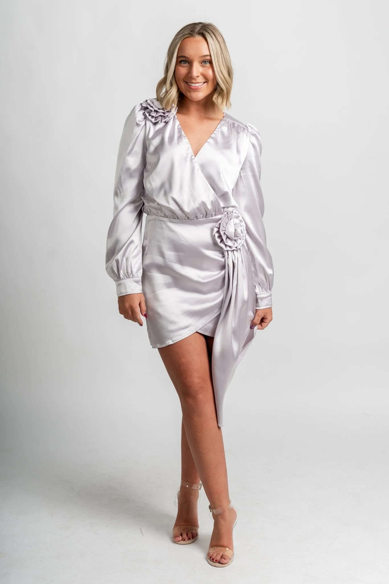 Rosette satin wrap mini dress mauve