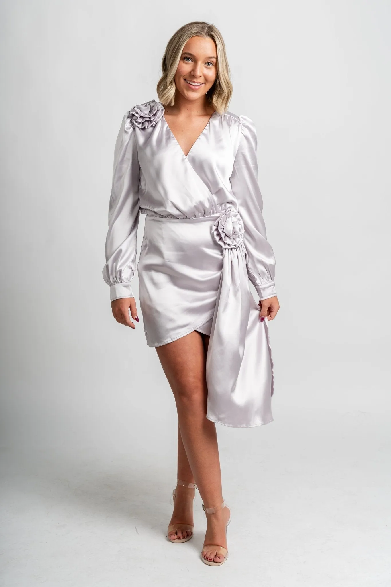 Rosette satin wrap mini dress mauve