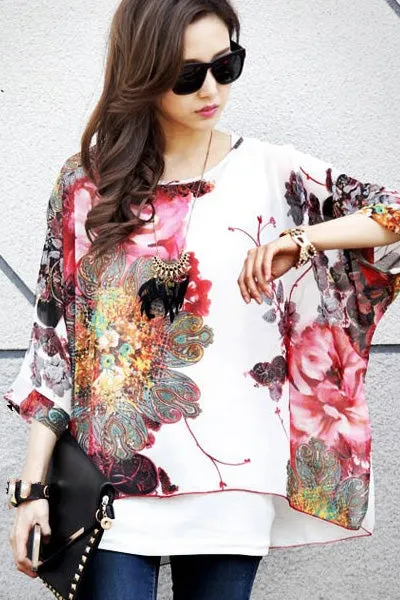 Sexy Large Size Batwing Sleeve Watercolor Painting Chiffon Blouse