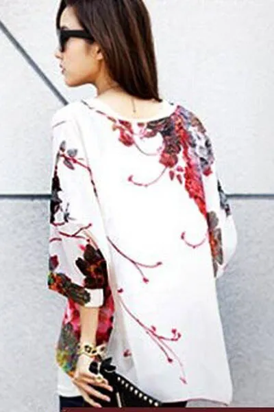 Sexy Large Size Batwing Sleeve Watercolor Painting Chiffon Blouse
