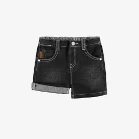 Short coupe régulière en denim extensible, gris moyen, bébé || Regular fit denim short in medium grey, baby
