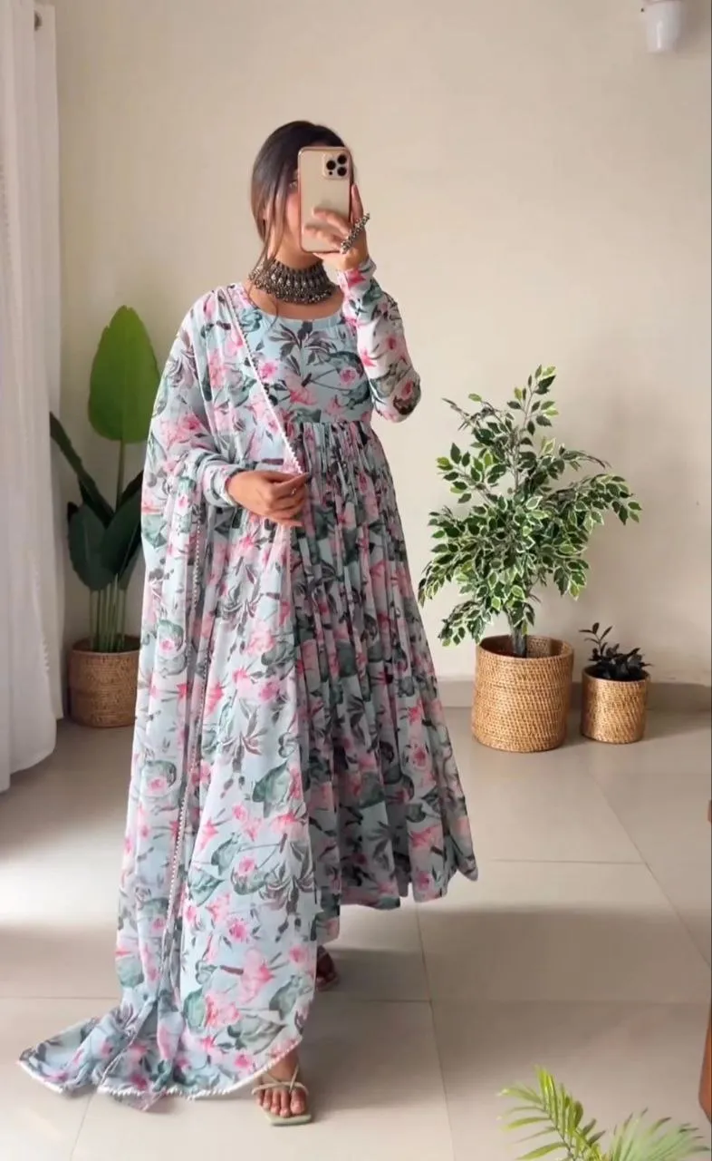 Sky Blue Anarkali Gown in Faux Georgette with Digital Floral Print