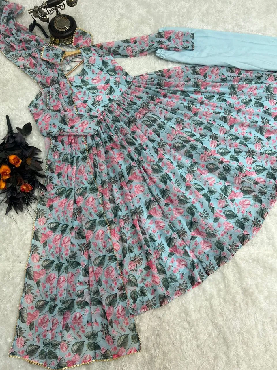 Sky Blue Anarkali Gown in Faux Georgette with Digital Floral Print