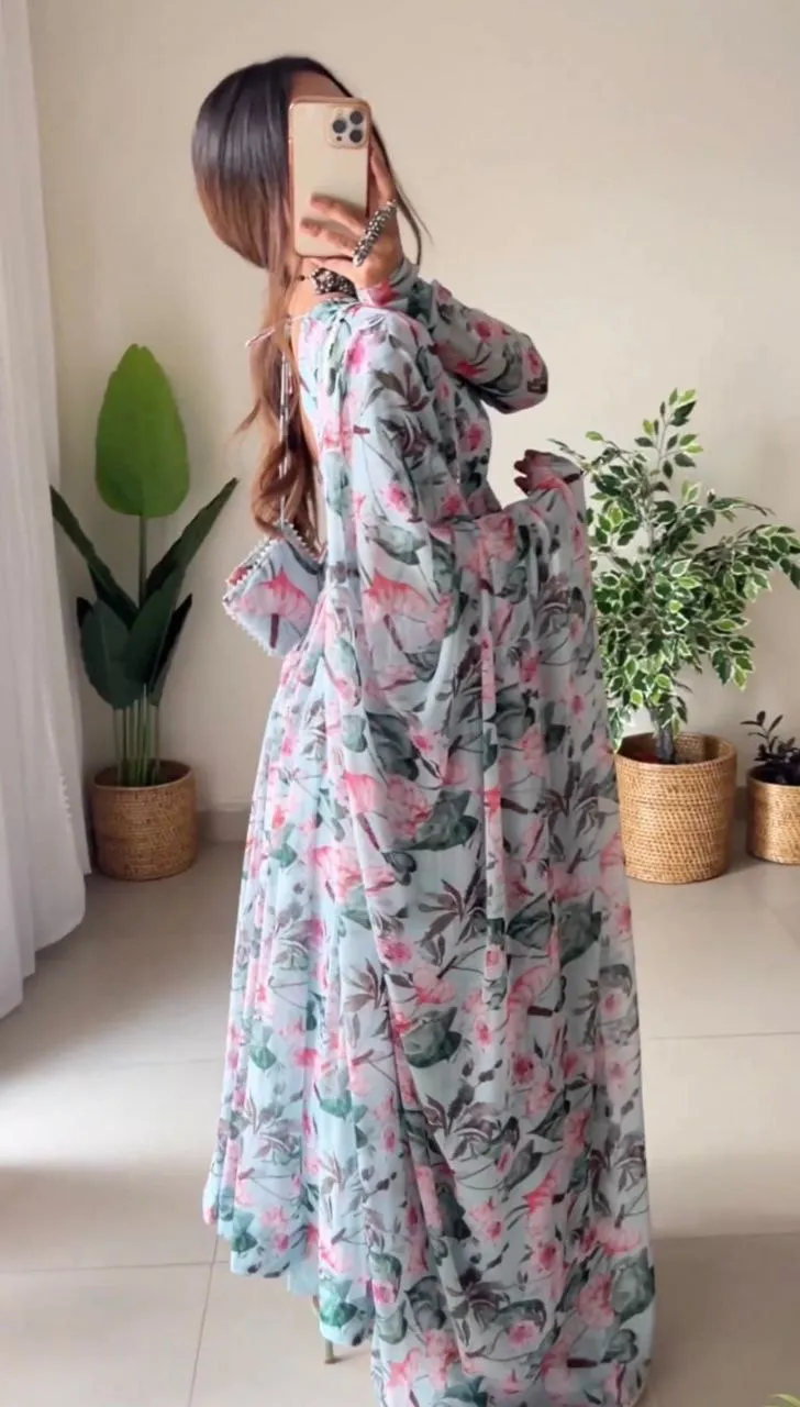 Sky Blue Anarkali Gown in Faux Georgette with Digital Floral Print