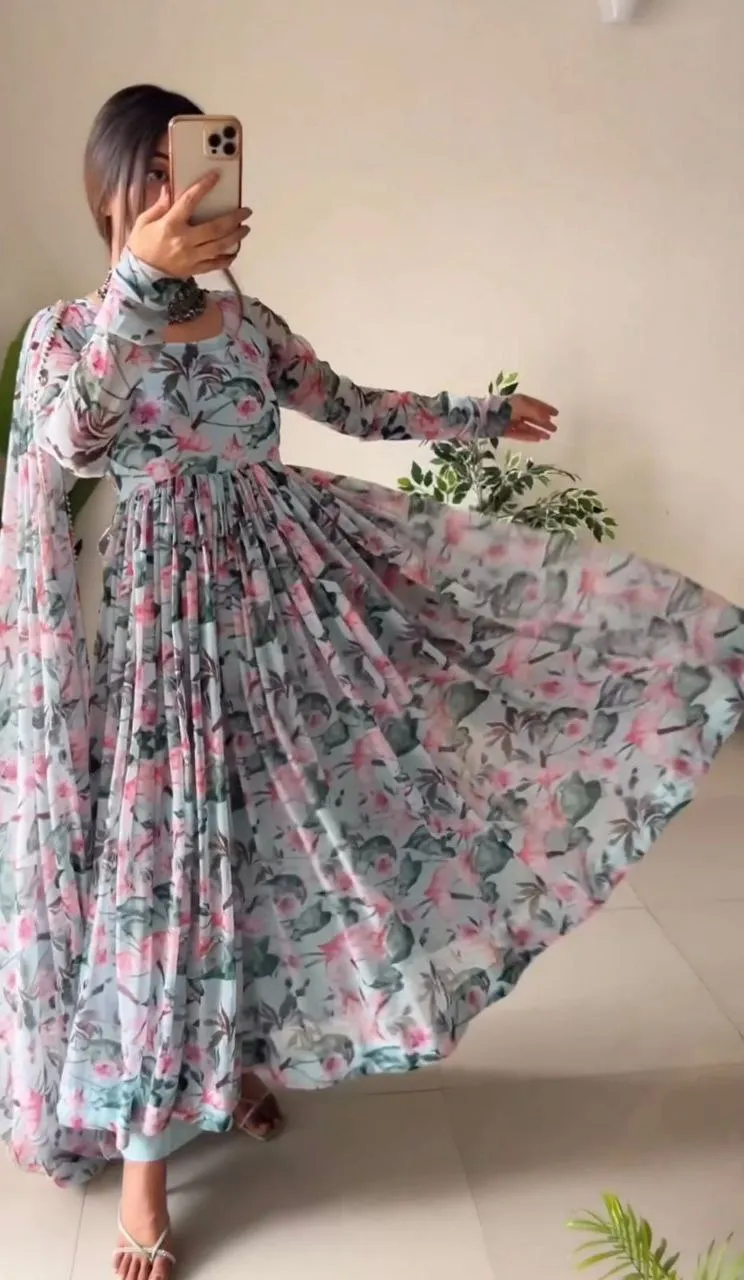 Sky Blue Anarkali Gown in Faux Georgette with Digital Floral Print