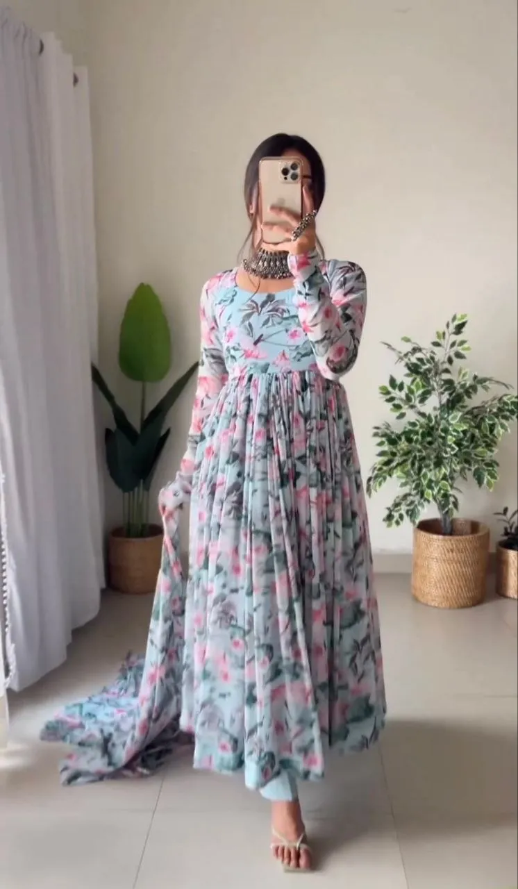Sky Blue Anarkali Gown in Faux Georgette with Digital Floral Print