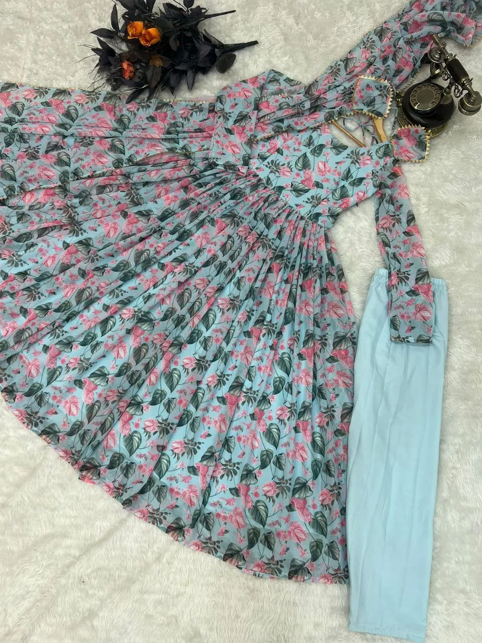 Sky Blue Anarkali Gown in Faux Georgette with Digital Floral Print