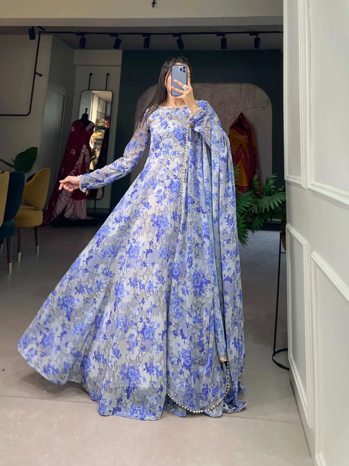 Sky Blue Ready-to-Wear Georgette Gown with Matching Dupatta