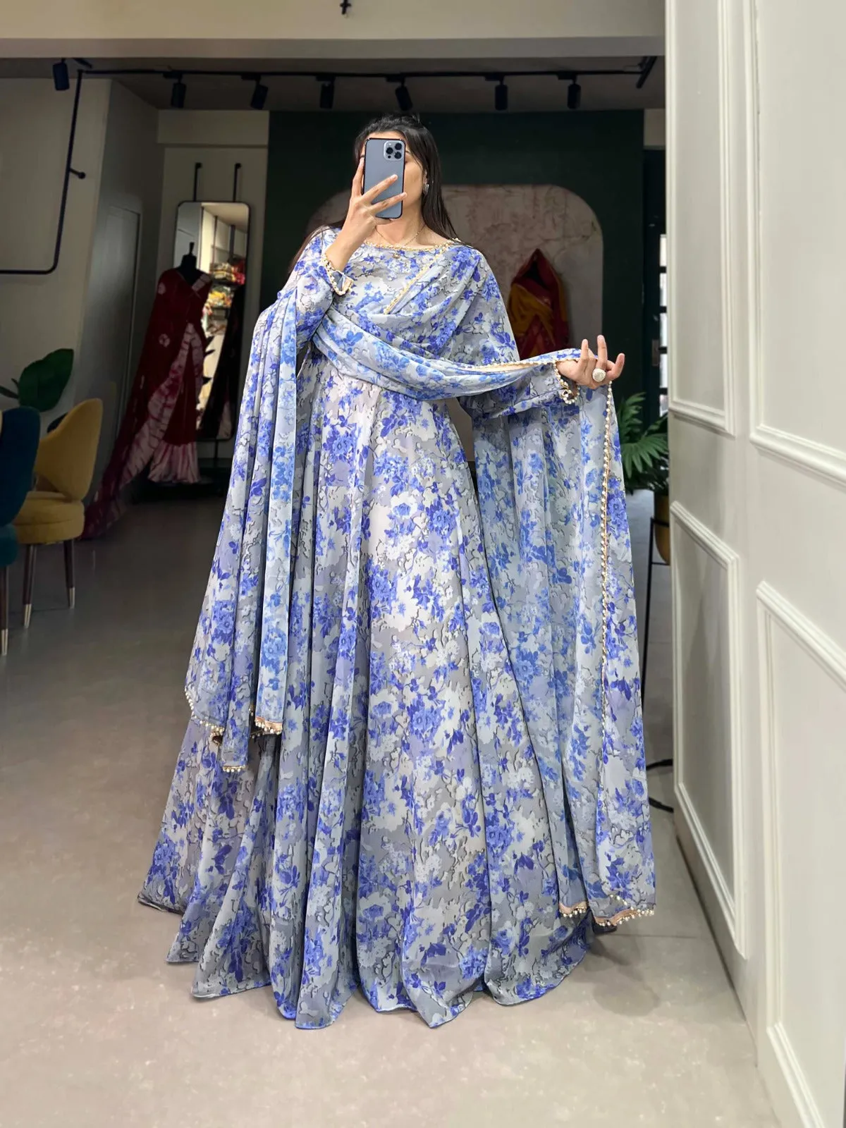 Sky Blue Ready-to-Wear Georgette Gown with Matching Dupatta