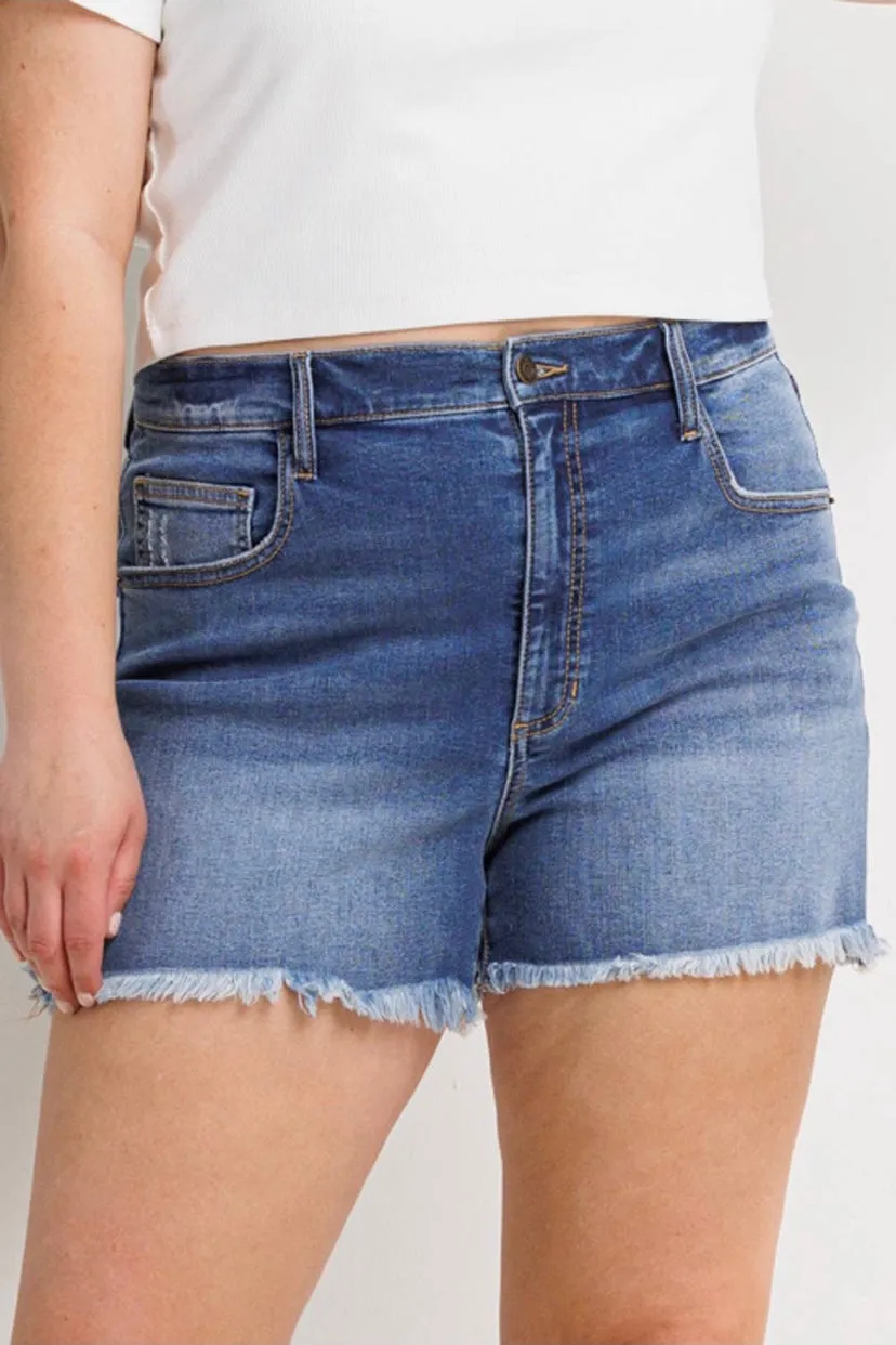 Sneak Peek Denim Shorts with Fray Hem (S-3X)