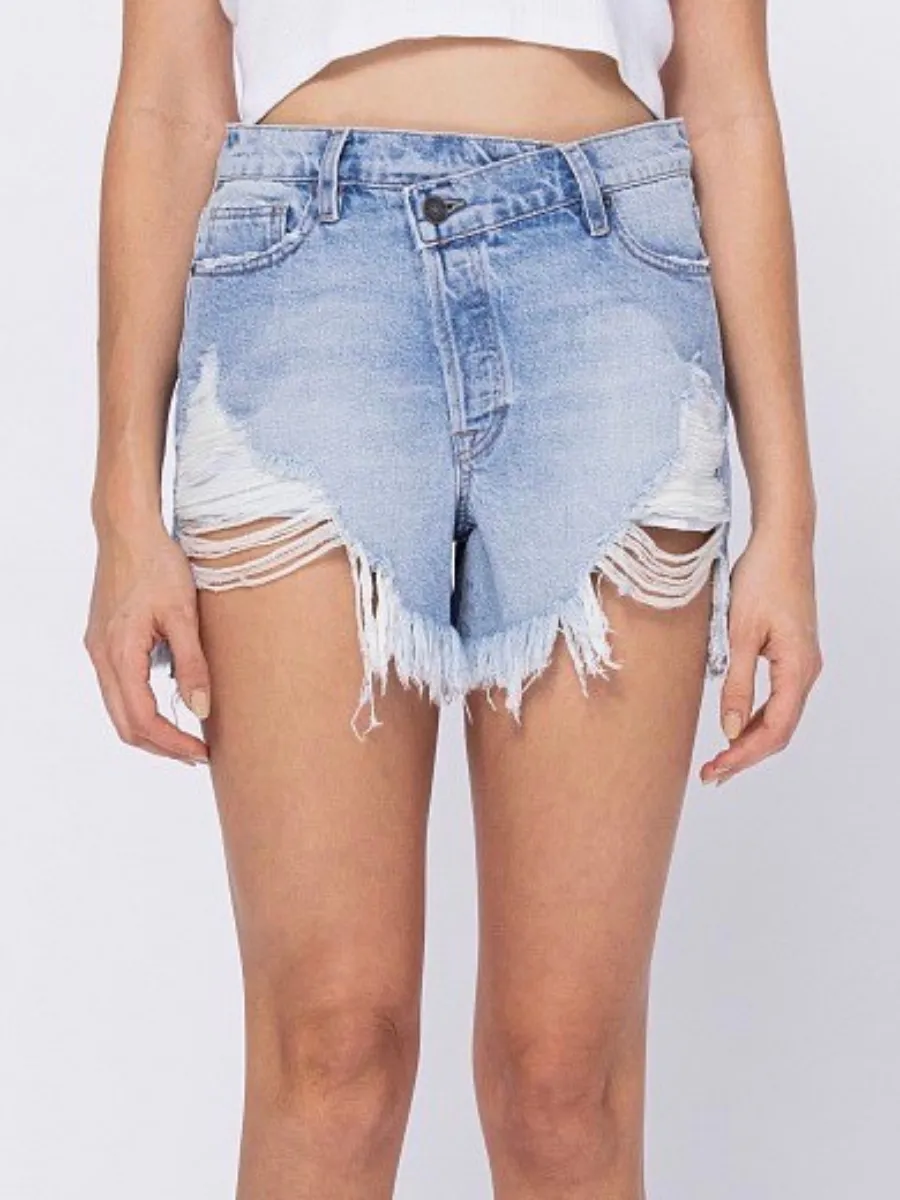 SOFIE CROSSOVER DENIM SHORTS IN BLUE