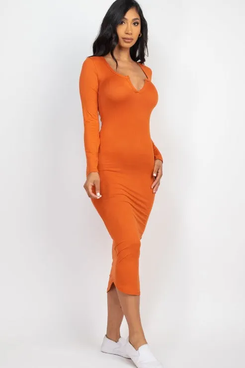 Split Neck Long Sleeve Midi Dress