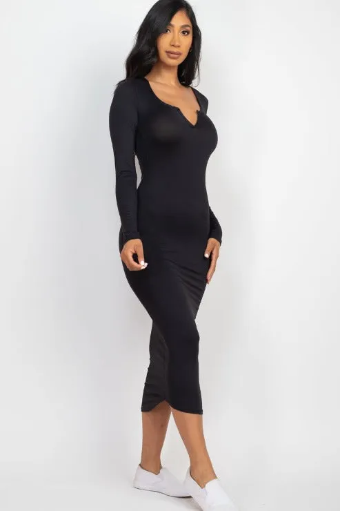 Split Neck Long Sleeve Midi Dress