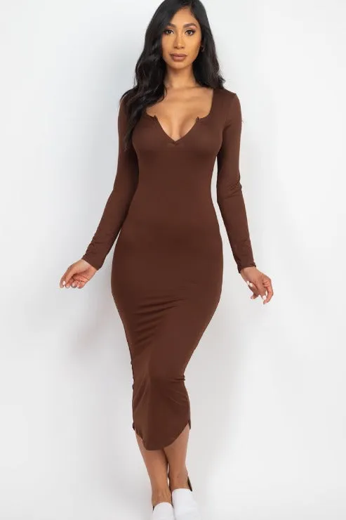 Split Neck Long Sleeve Midi Dress