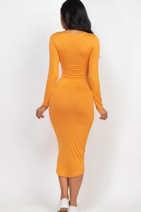 Split Neck Long Sleeve Midi Dress