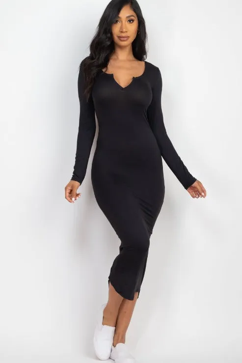 Split Neck Long Sleeve Midi Dress