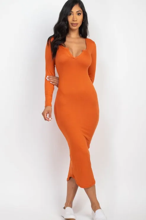 Split Neck Long Sleeve Midi Dress