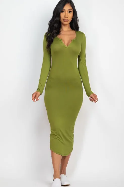 Split Neck Long Sleeve Midi Dress