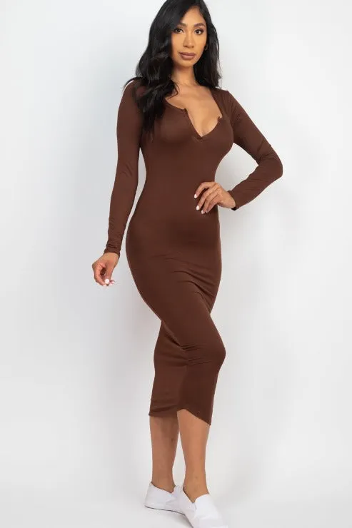 Split Neck Long Sleeve Midi Dress