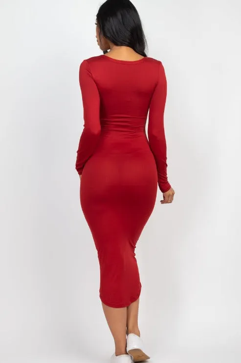 Split Neck Long Sleeve Midi Dress