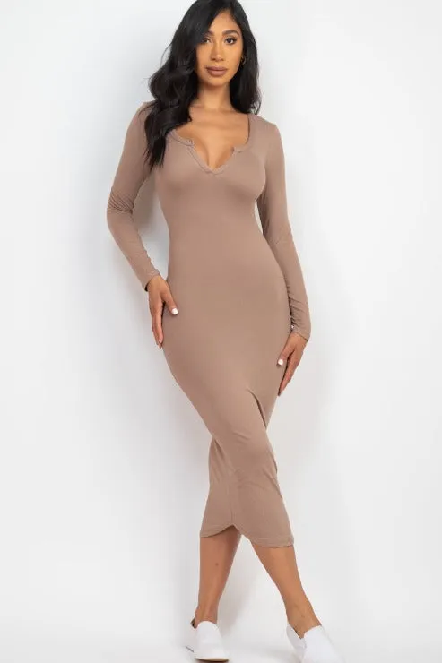Split Neck Long Sleeve Midi Dress