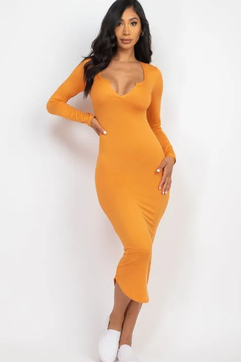 Split Neck Long Sleeve Midi Dress