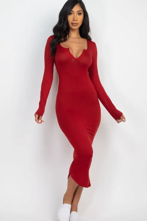 Split Neck Long Sleeve Midi Dress